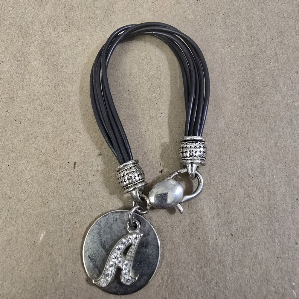 Black Silver Adjustable Multi-Strand Cord Charm Bracelet with 'A' Dangle 7in